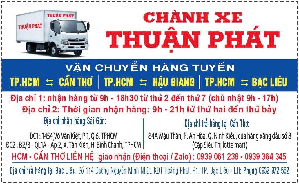 Chành xe Thuận Phát tuyến TP.HCM – Cần Thơ, Hậu Giang, Bạc Liêu: Thông tin gửi và nhận hàng